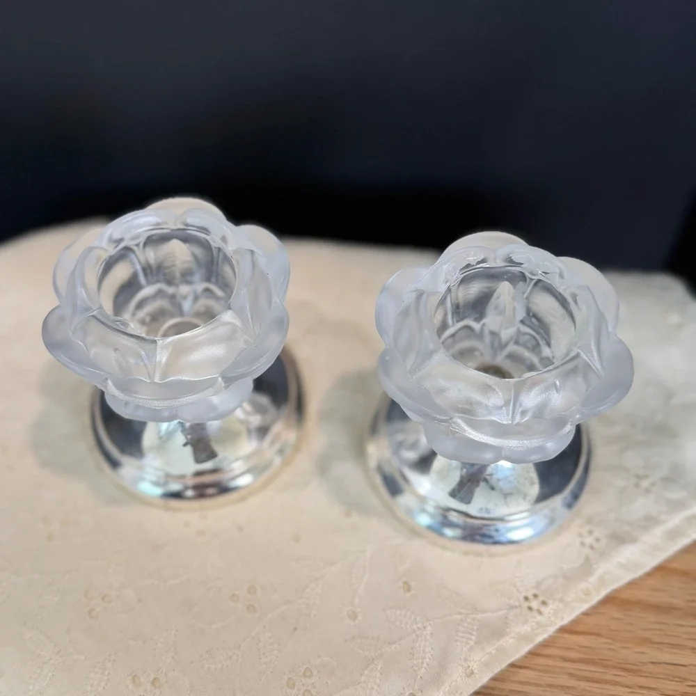 William Adams Frosted Rose Crystal Candle Holders Silverplate Base Vintage Set 2